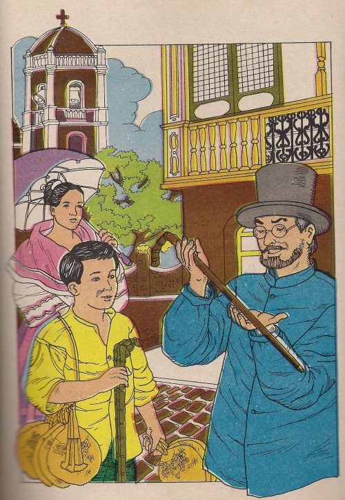 Si Andres habang nagbebenta ng baston at abaniko sa patio ng simbahan. Mula sa Adarna Publishing House, Inc.