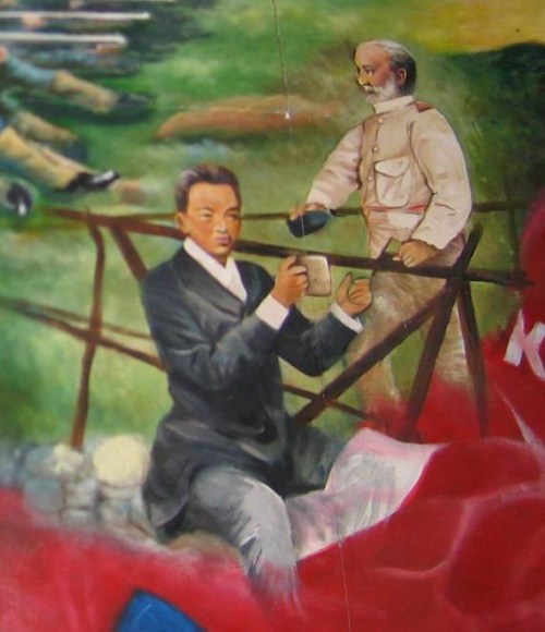Detalye ng mural ukol sa kasaysayan ng Pilipinas sa bukana ng ikalawang palapag ng Palma Hall (AS 2nd floor lobby) na nagpapakita ng pakikipag-usap ni Hen. Emilio Aguinaldo sa mga Amerikano.