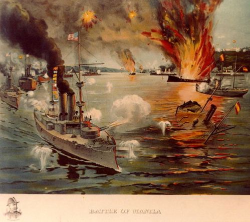 Paglalarawan sa Battle of Manila Bay na pinagwagian ni Dewey laban sa armadang Espanyol, May 1, 1898.