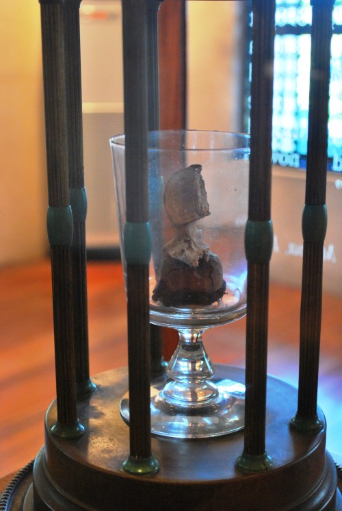 Ang vertebra ni Rizal na tinamaan daw ng bala.  Nasa Rizal Shrine sa Fort Santiago.  Kuha ni Camille Eva Marie Conde.