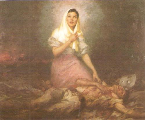 "Bataan" Obra-Maestra ni Fernando Amorsolo.  Nakasabit sa Judge Guillermo B. Guevara Memorabilia sa Main Library ng Unibersidad ng Pilipinas Diliman.  Mula sa Philippine History and Art.