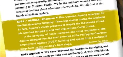 Sinipi ng aklat ni Angela Stuart Santiago na Chronology of a Revolution ang Business Day article ng February 25, 1986, isang araw matapos ang pagpunta ni Cory sa EDSA.  Mula sa EDSA 25.