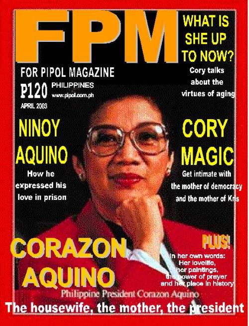 Prmosyunal na pabalat ng gawa-gawang magasin na madodownload sa ibaba na nagtataglay ng panayam ng grupo ni Xiao Chua kay Pangulong Cory Aquino. Disenyo ni Xiao Chua.
