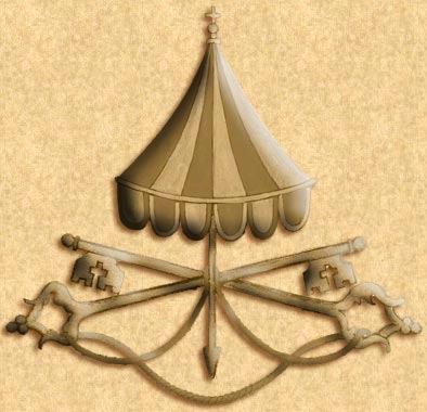 Sagisag ng Sede Vacante: Payong at mga susi na walang sagisag ng papa. Mula sa bahay-dagitab ng Vatican.