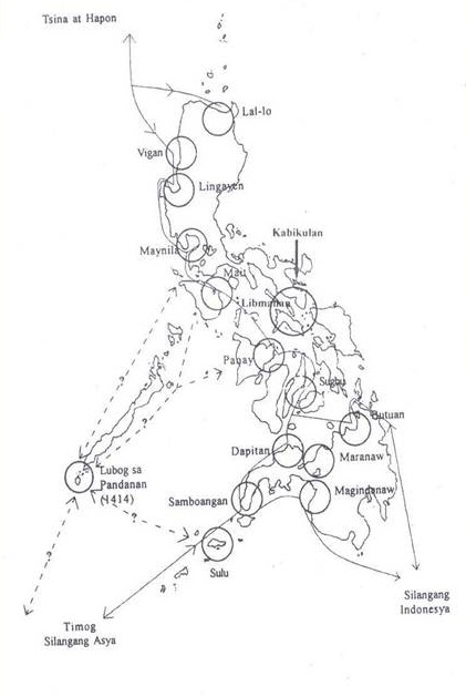 Ang mga kaharian sa Pilipinas na malapit sa mga ilog at dagat bilang bahagi ng Southeast Asian Trade Route to China. Mula kay Dr. Zeus A. Salazar.