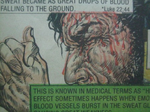 Si Hesukristo habang pinapawisan ng dugo. Mula sa The Gift ni Jack T. Chick.