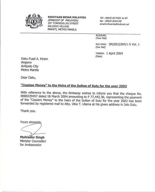 Katibayan ng pagbabayad ng Malaysia sa pamilya ni Sultan Jamalul Kiram III.