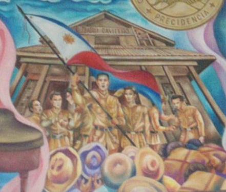 Ang unang pagwawagayway ng Watawat ng Pilipinas matapos ang Labanan sa Alapan, sa Teatro Caviteno. Mula sa City Hall ng Cavite City.