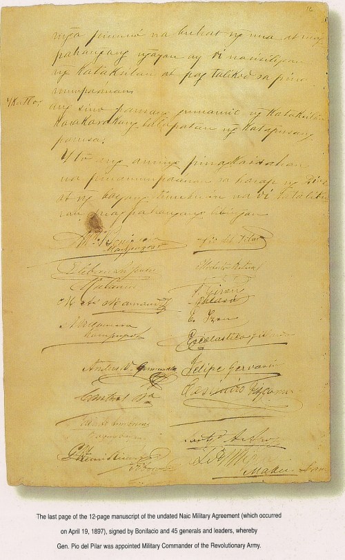 Huling pahina at mga lagda sa Acta de Naic, April 19, 1897. Mula sa Tragedy of the Revolution, Studio 5 Designs.