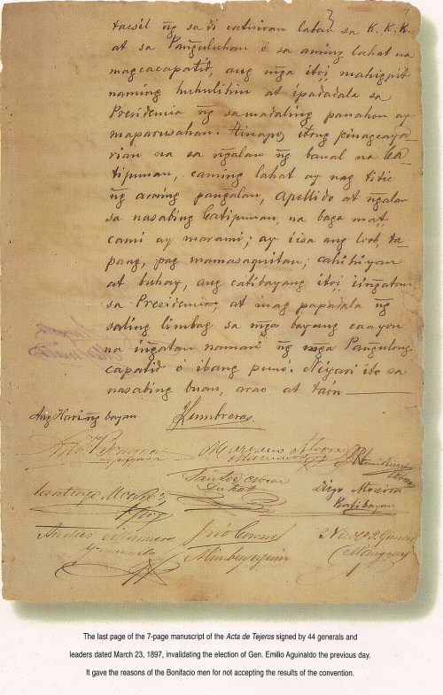 Huling pahina at mga lagda sa Acta de Tejeros, March 23, 1897. Mula sa Tragedy of the Revolution, Studio 5 Designs.