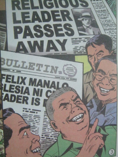 Ang pagsasaya ng mga tagapag-usig ng iglesia ni Cristo.  Guhit ni Nestor Malgapo, Sr. sa LIWANAG komiks:  