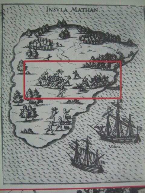 Kapanahong paglalarawan ng mga Europeo ukol sa isla ng Mactan at sa Labanan na nangyari dito. Sa ibaba ng larawan ang ilang mga taga-Mactan na naging magiliw at nag-alok pa ng mga kalakal sa mga Espanyol.