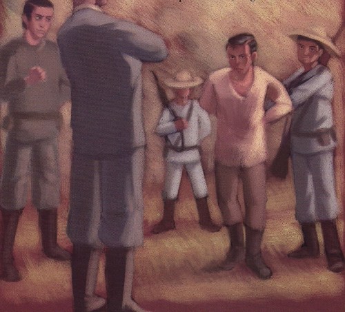 Ang pag-aresto sa Supremo. Malamang hindi na siya nakatayo nang ganito sa panghihina. Guhit ni Jason Joel O. Chua mula sa Dalawang Bayani ng Bansa ng Adarna Books.