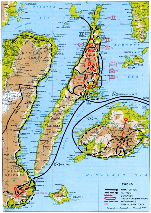 Mapa ng Cebu Landing.  Mula sa opisyal na ulat ni Heneral Douglas MacArthur.