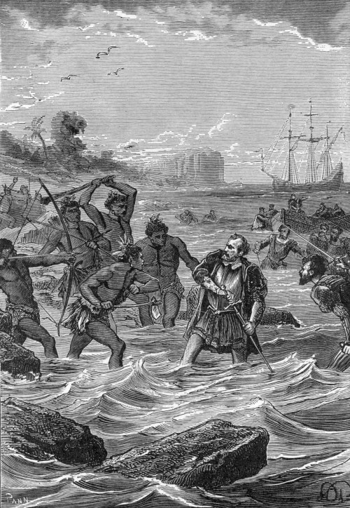 Isang lumang engraving "Death of Magellan." Pinagmukhang maiitim na tao ang mga Pinoy.