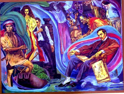 Si Rizal at ang mga karakter ng Noli Me Tangere--Elias, Maria Clara at Crisostomo Ibarra. Detalye ng mural ni Carlos V. Francisco, "History of Manila."