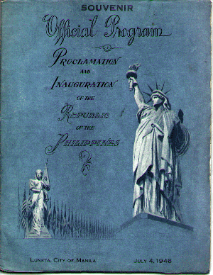 Ang pabalat ng sipi ng souvenir program para sa paggawad ng Kasarinlan ng Pilipinas mula sa Amerika, July 4, 1946