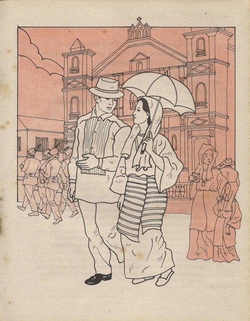 Si Andres at Oriang sa harapan ng Simbahan ng Binondo.  Mula sa Adarna.