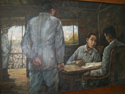 Isang obra maestra na nagpapakita sa unang pagkikita nina Mabini at Heneral Aguinaldo, nakasabit sa Dambanang Pangkasaysayang Mabini sa Tanauan, Batangas