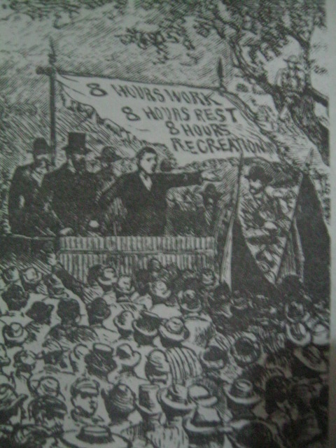 Ang pakikibaka ng mga manggagawa para sa isang 8-hour day. Mula kay Perry, A History of the World.
