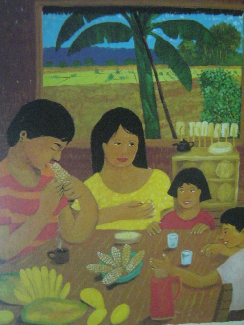 Close family ties.  Naging posible dahil sa bahay kubo.  Dibuho ni Hermes Alegre.