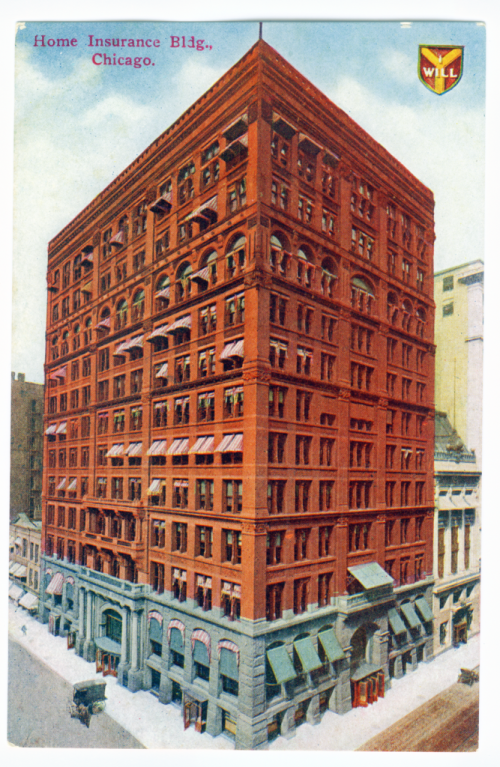 Home Insurance Building sa Chicago (1884), unang metal frame skyscraper sa Estados Unidos.  Inspirasyon mula sa bahay kubo.