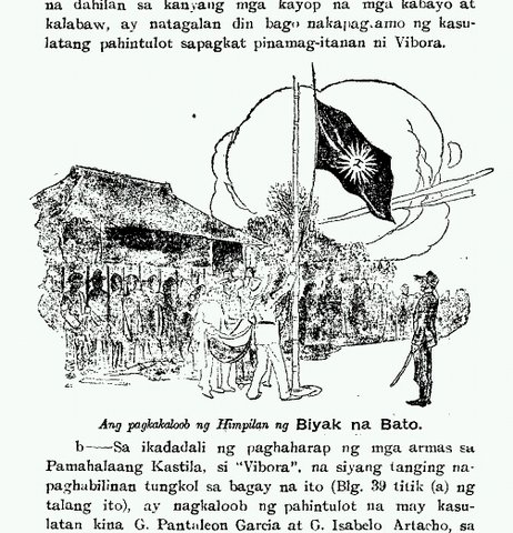 Ang pagbaba ng tunay na disenyo ng bandila ng pamahalaang mapanghimagsik sa Biak-na-bato sa guhit mismo sa alaala ni Heneral Artemio Ricarte.