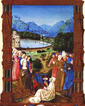 Ang pagkatuklas ng tunay na krus nang higaan ito ng maysakit.  Tres riches heures do Duc de Berry.  Mula sa traditioninaction.org
