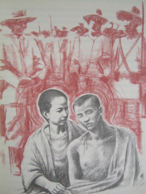 Si Aling Oryang habang inaalagaan ang asawang si Andres Bonifacio sa Indang.  Obra ni Egai Fernandez mula sa Supremo.