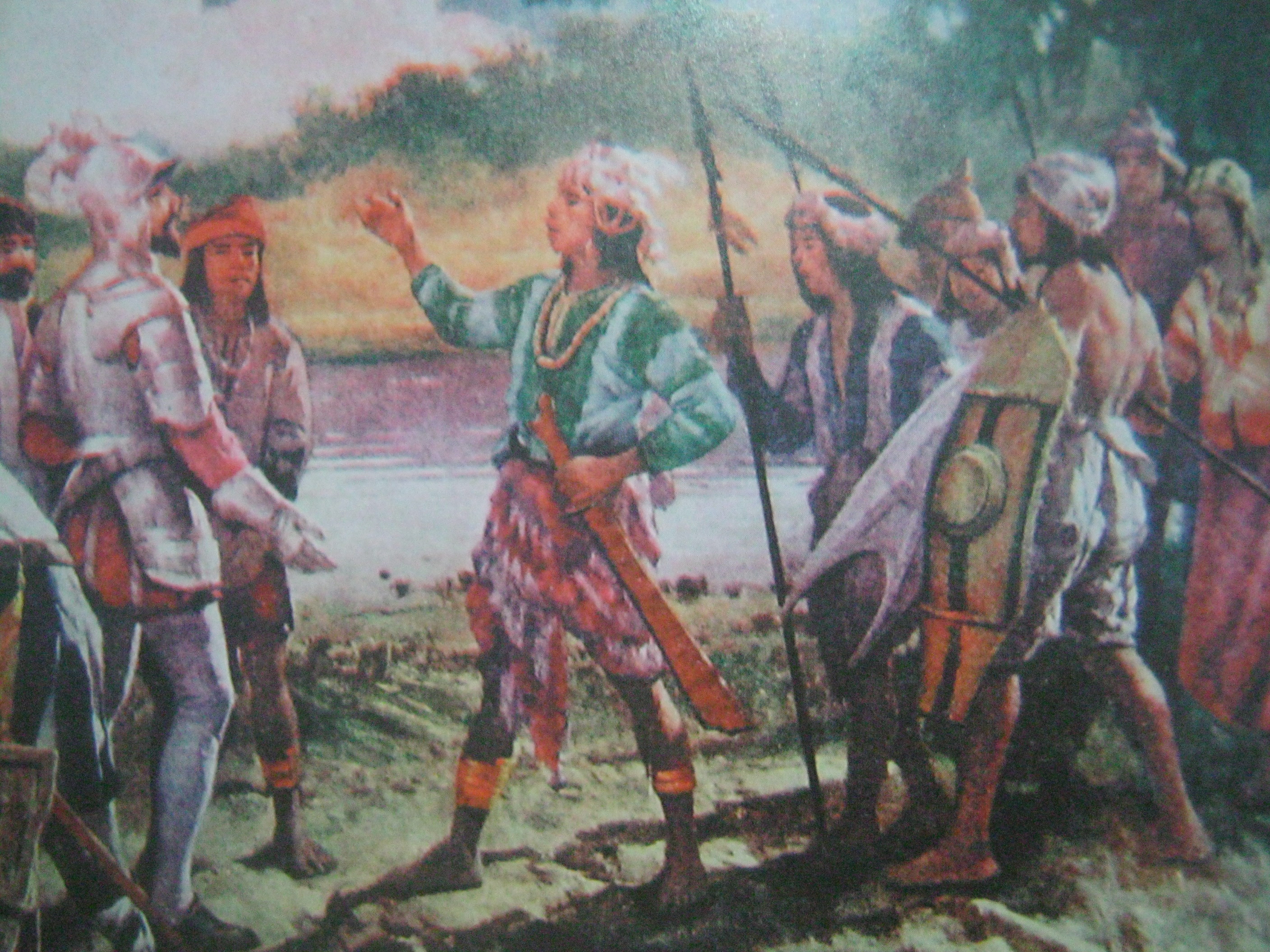 "Entrevista de Goiti y Rajah Soliman," and encuentro nina Martin de Goiti at Rajah Soliman, 1570. Obra maestra ni Fernando Amorsolo. Mula sa Pacto de Sangre.