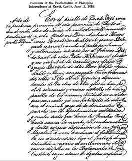 Unang pahina ng Acta de la Proclamacion de Independencia del Pueblo Filipino na sinulat ni Ambrosio Rianzares Bautista.