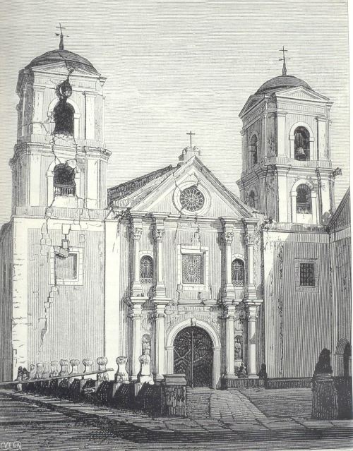 Larawang-guhit ng Simbahan ng San Agustin matapos ang lindol ng 1880.  Ang tore sa may kaliwa ay gigibain kaya magiging isa na lamang ang kampanaryo ng pinakamatandang simbahan sa Pilipinas.  Mula kay Dr. Jaime B. Veneracion.