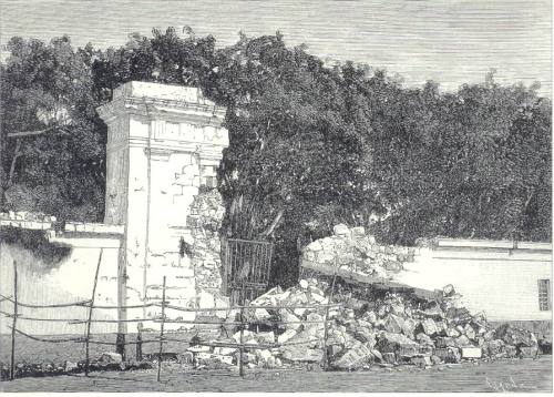 Guho ng portico ng Palasyo ng Malacanan noong lindol ng 1880.  Mula kay Dr. Jaime B. Veneracion.