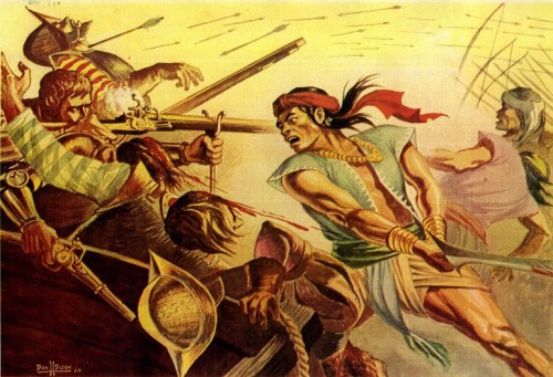 "Rajah Sulayman's Last Stand at Maynila, June 3, 1521."  Isang obrang watercolor na ginawa ni Dan H. Dizon na lumitaw sa In The Grade School Magazine, 1964.  Sa kagandahang loob ni Director Robby Tantingco ng Juan D. Nepomuceno Center for Kapampangan Studies ng Holy Angel University.