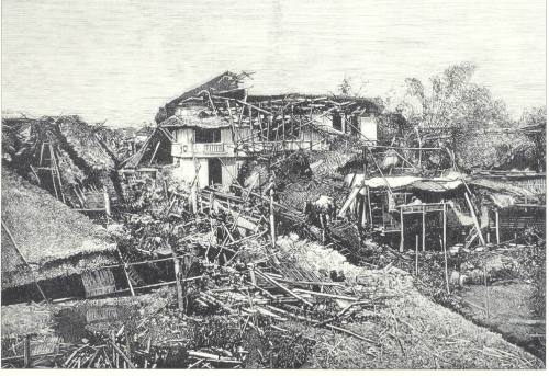 Guho ng isang bahay kubo noong lindol ng 1880.  Mula kay Dr. Jaime B. Veneracion.
