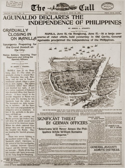 Pagbabalita ng Proklamasyon ng Independencia ng Pilipinas, San Francisco Chronicle, June 18, 1898.  Mula kay Arnaldo Dumindin.