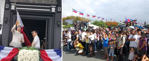 Si Secretary Mar Roxas habang tinataas ang bandila ng Pilipinas kasama si National Historical Commission of the Philippines Commissioner Rene R. Escalante, Tagapangulo ng DLSU Departamento ng Kasaysayan, June 12, 2012.  Mula sa balita.ph.