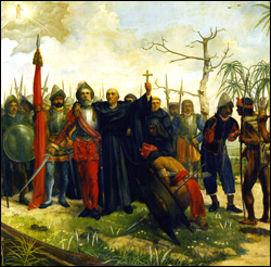 Pagdating ni Legazpi at Urdaneta sa Maynila, 1571.  Mula sa Simbahan ng San Agustin.