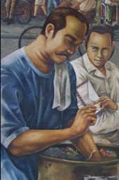 Paglalarawan ng Neo- Angono Artists Collective kay Marcelo H. del Pilar bilang modernong peryodista na nagpupulot ng upos ng sigarilyo upang hithitin at makalimutan ang gutom, habang nakatanggap ng isa pang sulat mula sa pamilya.  Nakalagay sa National Press Club Bulding.