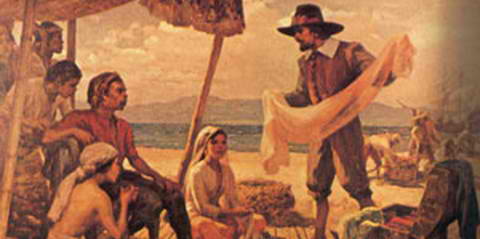Obra maestra ni Fernando Amorsolo na nagpapakita ng pakikitungo ng Legazpi sa mga Pilipino (expolorer-philippines.com)