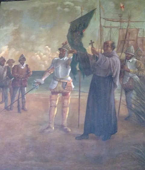 Pagdating ni Legazpi at Urdaneta sa Maynila, 1571.  Mula sa Simbahan ng San Agustin.