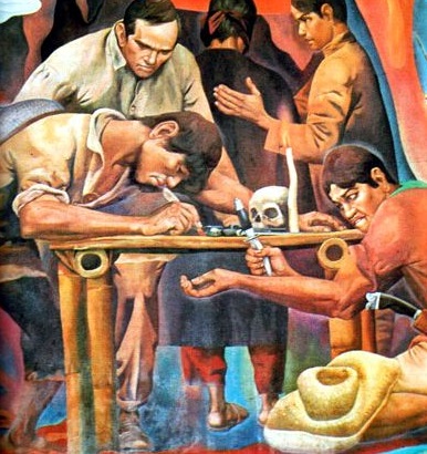 Pakikipagsandugo sa Katipunan.  Mula sa mural na "History of Manila" ni Carlos "Botong" Francisco.  Nasa Bulwagang Katipunan ng City Hall ng Maynila.