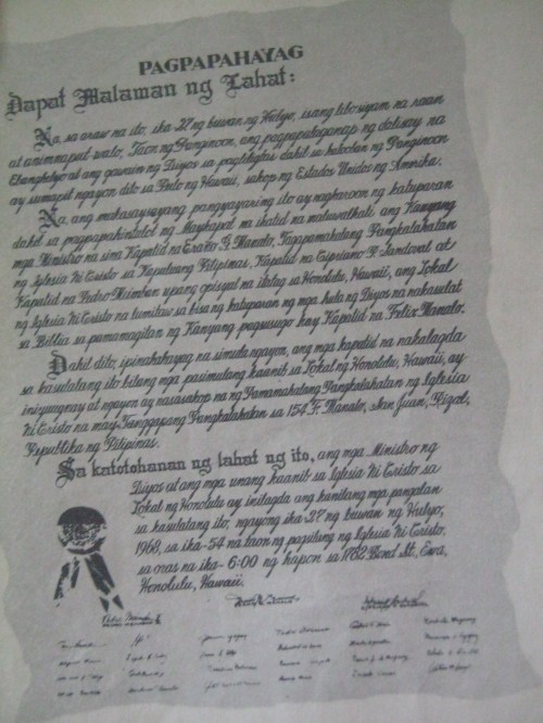 Ang dokumento ng pagtatatag ng unang lokal ng INC sa ibang bansa sa Honolulu, Hawaii.  Mula sa Pasugo.