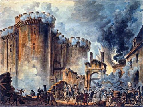 Ang pagkubkob sa kulungang Bastille sa kalagitnaan ng Paris.  Mula sa Wikipedia:  "The Storming of the Bastille", Visible in the center is the arrest of Bernard René Jourdan, m de Launay (1740-1789), Watercolor painting; 37,8 x 50,5 cm.