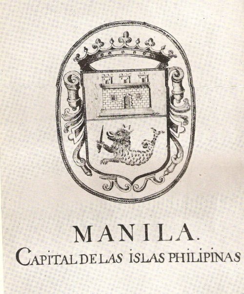 Ang coat of arms ng Maynila na nagpapakita ng isang kastilyo bilang sagisag ng Kaharian ng Castille, ang pinakamalaking kaharian sa Espanya, at ang merlion, o ang ultramar na simbolo ng mga Espanyol para sa kapuluang Pilipinas. Mula kay Dr. Ambeth R Ocampo.