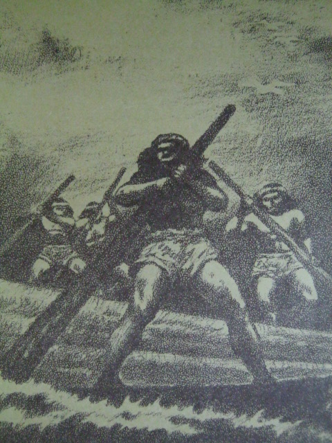 Ang pagpapaanod ng mga troso sa mga dagat at ilof ng mga indio sa pagtatatag ng Intramuros. Iginuhit ni Norie Millare para sa Aklat Adarna.