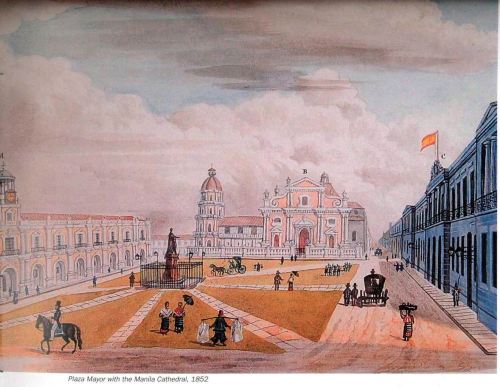 Ang Plaza Complex ng Intramuros ang pinakasentro ng Imperyong Espanyol sa Asya!!! Mga gusali mula sa kaliwa: Ayuntamiento (City Hall), Katedral ng Maynila at Palacio del Gobernador. Mula sa Pacto de Sangre.