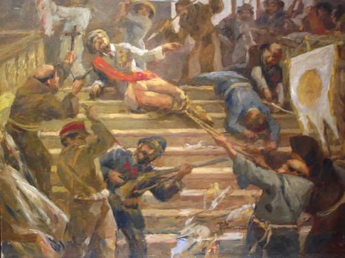 "Ang Pagpaslang Kay Gobernador Heneral Bustamante." Obra Maestra ni Fernando Amorsolo na nasa Judge Guillermo Guevara Room ng Aklatan ng Unibersidad ng Pilipinas.