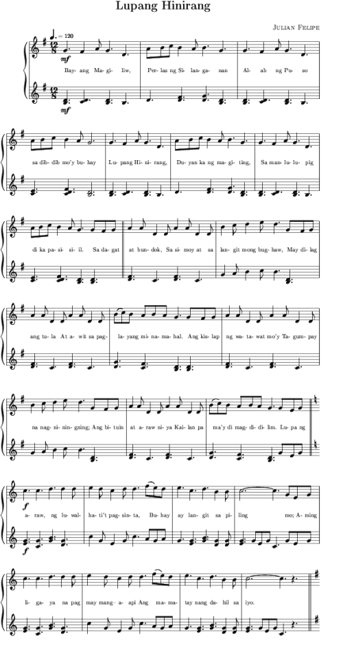 Piyesa ng Pambansang Awit ng Pilipinas bilang "Lupang Hinirang."