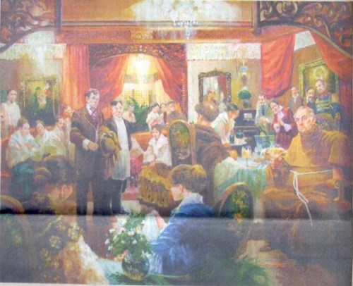 Si Ibarra (na kamukha ni Rizal) sa unang eksena ng Noli Me Tangere sa bahay ni Kapitan Tiago.  Obra maestra ni Leonardo Cruz.